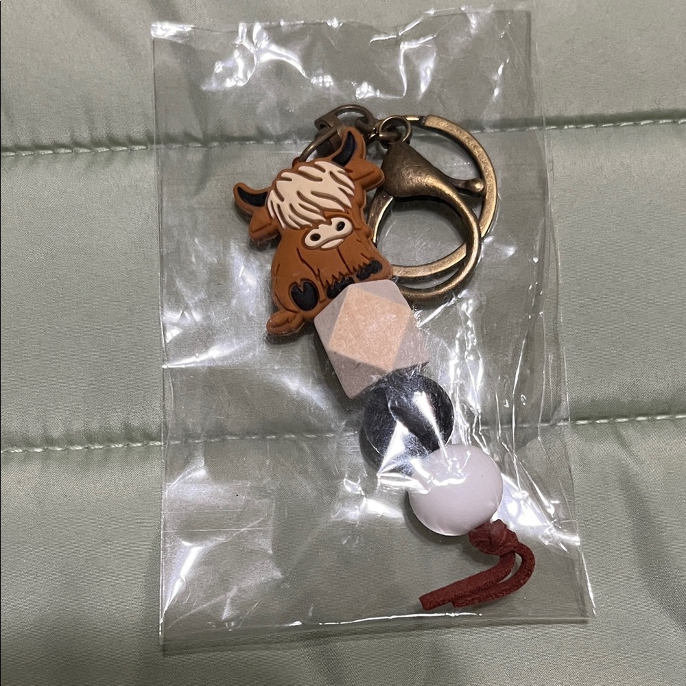 Highland Cow Keychain Charm with Bead Accents